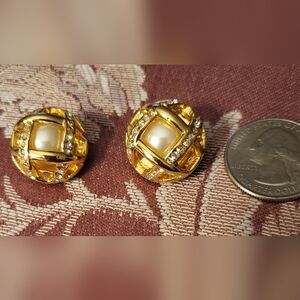 Clip on gold, pearl & rhinestone earrings